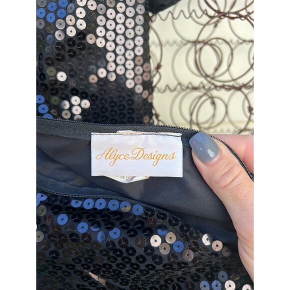 Vintage 80s Alyce Designs Green Black Sequin Ruffle Prom Ball Gown Mardi Gras XS - Picture 6 of 8